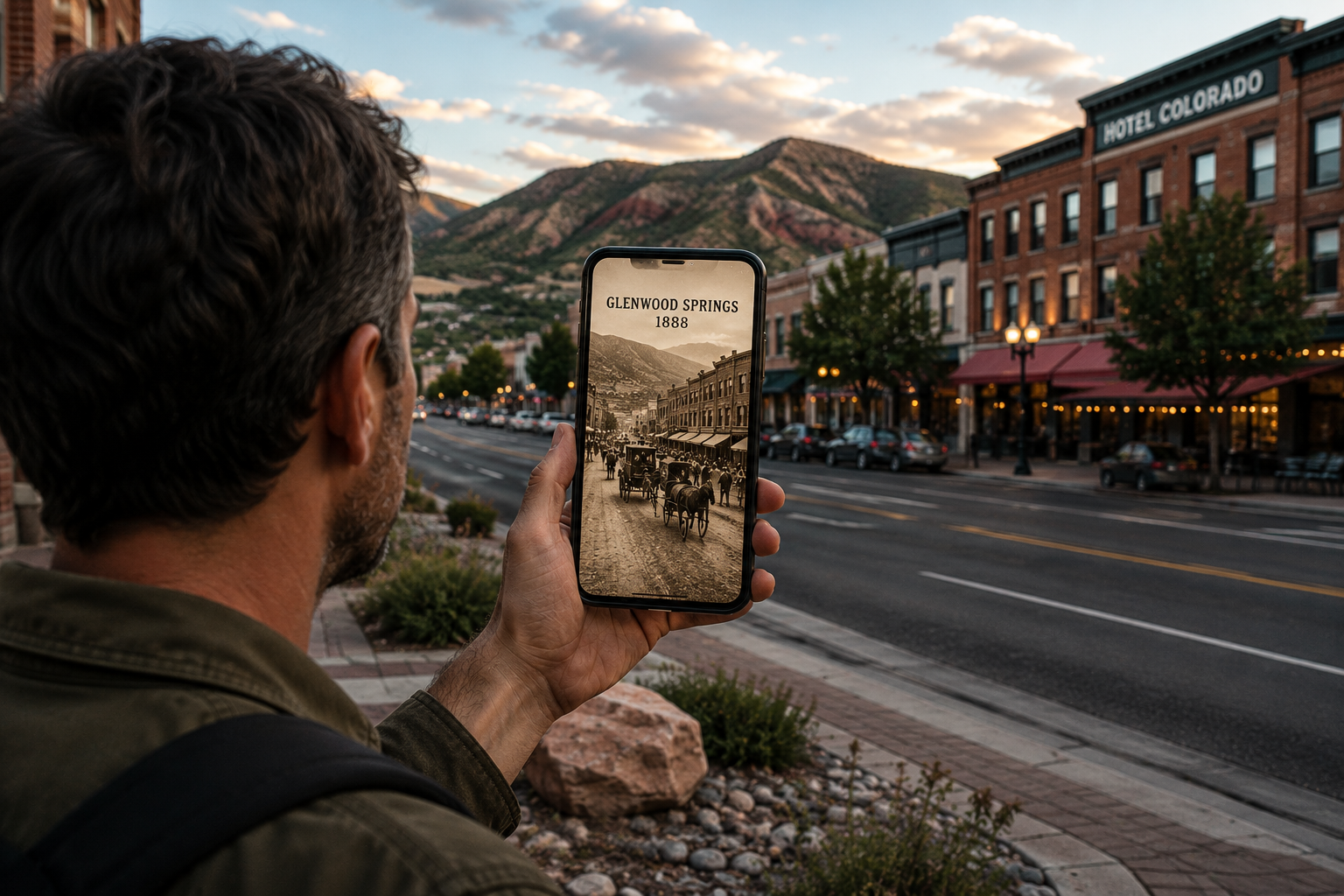 Traveller holding a smartphone showing Glenwood Springs in 1888, standing on the same street today
